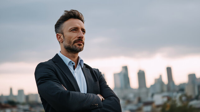 Businessman standing confidently on rooftop with city skyline behind