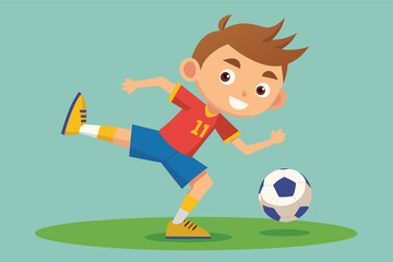 Fototapeta premium Young boy playing soccer on a green field during a sunny day