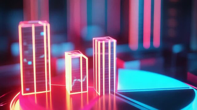 Glowing buildings rising from pie chart symbolizing market share