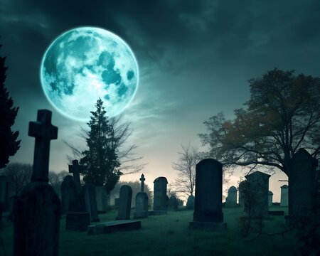 halloween zoom background and wallpaper. Spooky graveyard under a large turquoise moon halloween