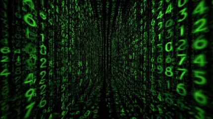 Digital world with falling green binary code creating an immersive tunnel effect in a dark background