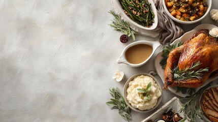 Festive Holiday Feast: A Delicious Spread of Thanksgiving Delights. Enjoy a savory spread of traditional dishes like roast turkey, mashed potatoes, and roasted vegetables.