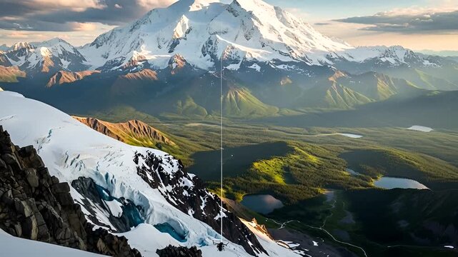 Breathtaking aerial footage of Denali mountain, showcasing snow-covered peaks and stunning Alaskan