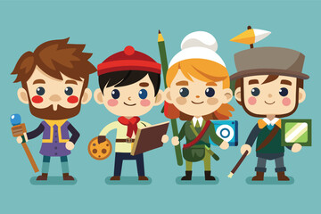 Fototapeta premium Four playful characters showcase their unique talents in a colorful illustration