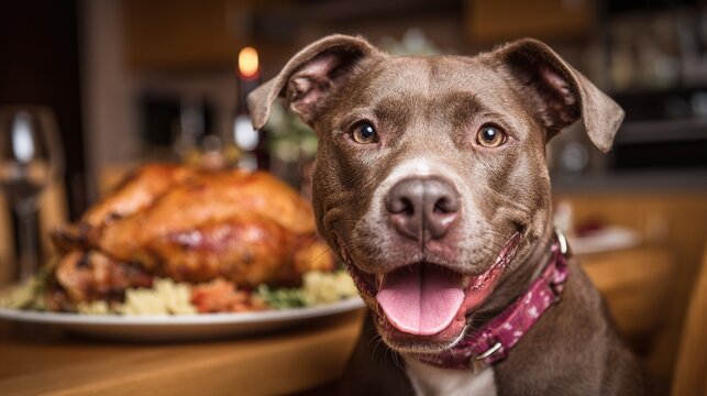Eager dog at dinner table with roasted bird and sides.  The pup anticipates tasty meal from the holiday spread.