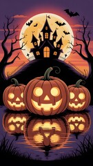 Three glowing jack o lanterns reflect in dark water under a haunted house and full moon halloween pumpkin