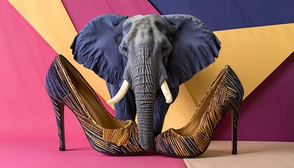 High heels and elephant head on colorful background