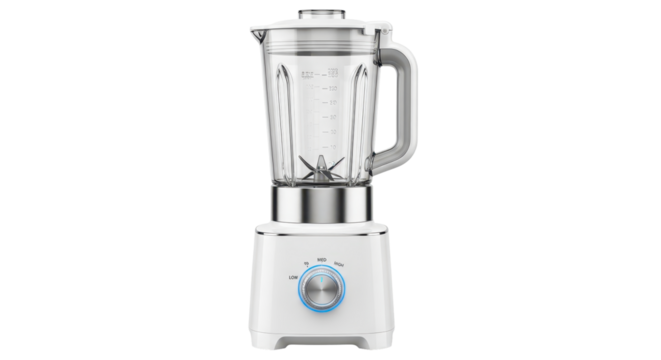 Isolated appliance shows a blender with settings from low to high for smooth mixes