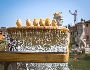 Ornate fountain with small, yellow eggs, water, and statues