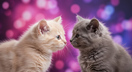 Adorable kittens share a tender moment with soft bokeh lights creating a magical, heartwarming scene