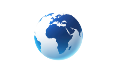 Stylized, digital globe, continents highlighted in dark blue, light blue/white landmasses