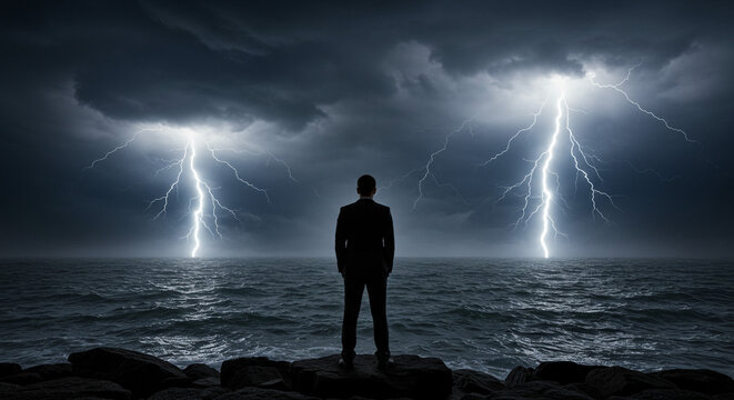 Determined businessman facing powerful lightning storm over turbulent sea, embodying resilience and challenge