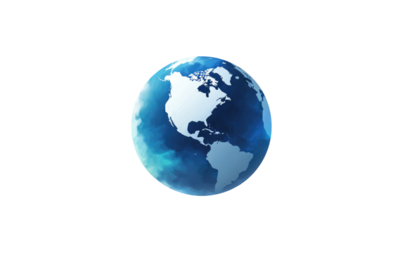A stylized, digital globe. A sphere with continents in light blue and white, a darker blue-toned hazy effect, and a subtle border