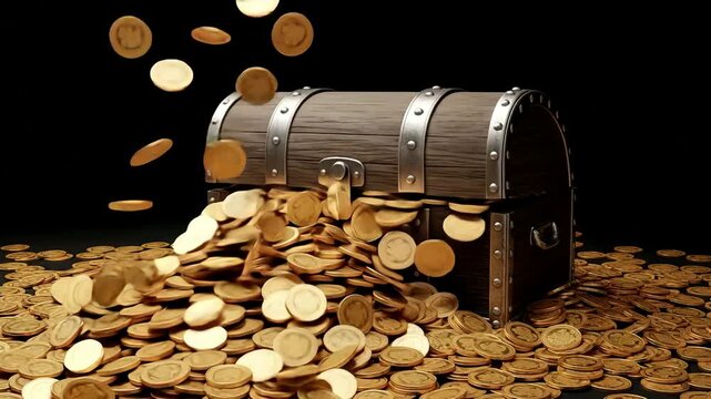 Overflowing Treasure Chest:  Golden Coins Cascade, Wealth & Fortune Animation