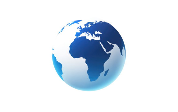 Stylized, digital globe, continents highlighted in dark blue, light blue/white landmasses
