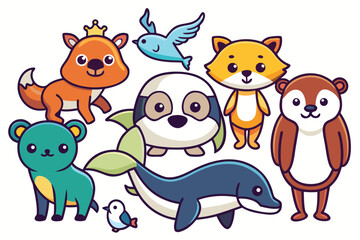 Colorful cartoon animals in a playful grouping with cheerful expressions and vibrant details