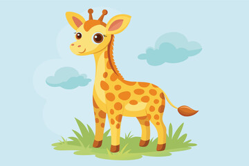 Fototapeta premium Cute cartoon giraffe standing on grass under a clear sky with fluffy clouds