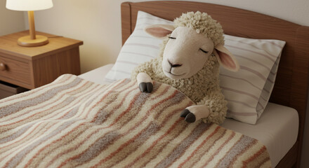Cozy sheep peacefully sleeping under a warm blanket in a comfortable bed at night