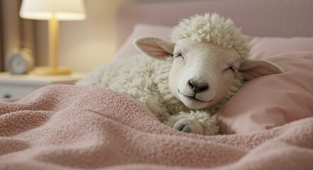 Adorable fluffy lamb peacefully sleeping in a cozy pink bed, evoking calm and sweet dreams