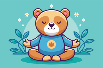 Obraz premium Cute cartoon bear meditating in a peaceful garden setting with plants and flowers
