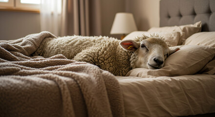 Cozy sheep resting peacefully in a warm, comfortable bed, dreaming of green pastures and fluffy clouds.