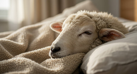 Cozy sheep peacefully resting in a warm, lamp-lit bedroom, dreaming sweet dreams