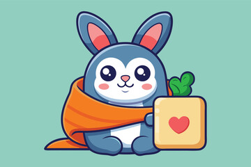 Cute cartoon rabbit wrapped in a blanket holding a carrot against a soft background
