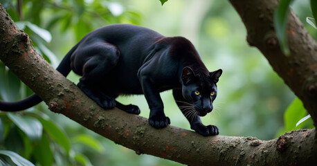Obraz premium A black panther crouched on a low tree branch in rainforest