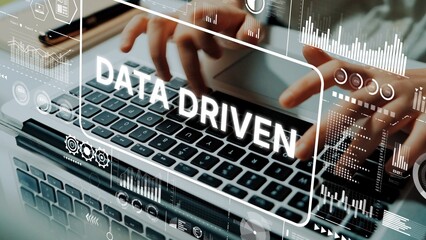 Hands Typing on Laptop with Overlay of Data Analytics and Digital Metrics for Data-Driven Business Solutions. Asymptotic smart data analytic.