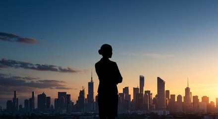 Confident businesswoman overlooking cityscape at sunset, symbol of ambition and success