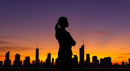 Successful businesswoman silhouette against vibrant city skyline during stunning sunset