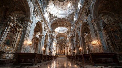 Naklejka premium Ornate baroque cathedral interior with golden details and arched ceiling design.