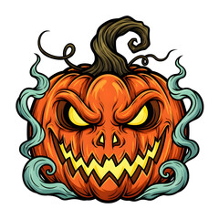 Scary Halloween Jack-o'-Lantern with Glowing Eyes, Jagged Mouth, and Smoke