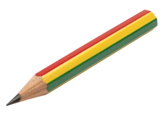 A sharpened wooden pencil with red yellow and green stripes isolated on transparent background