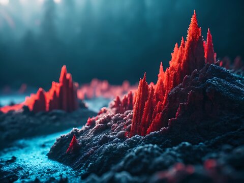 Surreal underwater landscape with glowing red coral formations and ethereal blue light - Powered by Adobe
