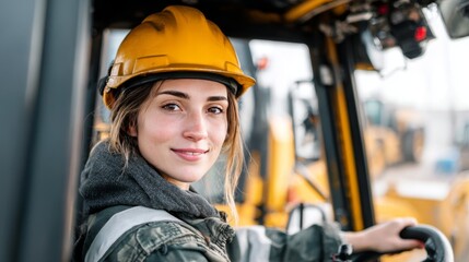 Female construction worker smiling while operating machinery at building site.