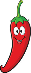 Cartoon red chili pepper with happy face on white background