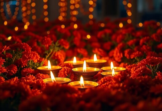 Glowing Deepavali Diwali Lamps Amidst Vibrant