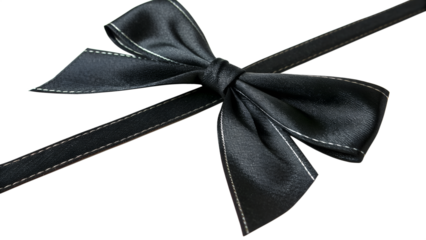 A black satin bow with white stitching isolated on transparent background, adding a touch of sophistication and detail to any gift or decoration