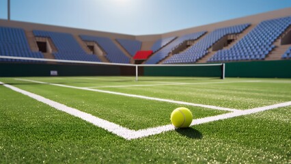 Obraz premium tennis field empty stadium on sunny day. close up from the field blurred the backgriund