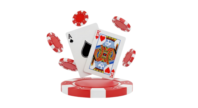 Isolated poker chips and ace king playing cards floating above a big red gambling chip