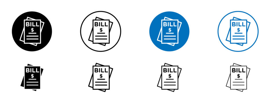 Stack of bills icons set in black and blue colors on white background