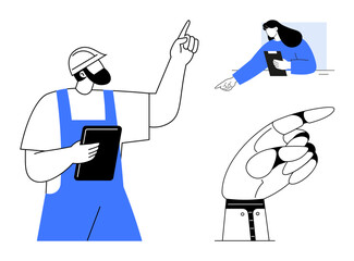 Worker in safety wear holding clipboard, pointing professional woman, mechanical hand gesture. Ideal for teamwork, instruction, technology, guidance, collaboration, innovation simple landing page