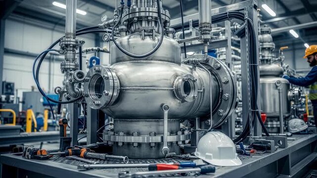 Closeup on catalytic reactor vessel integrated into a syntheticfuel Fischer&ndash;Tropsch skid during assembly stage.