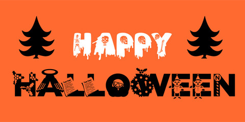 Happy Halloween Typography Illustration Holiday Fusion Vector with Gingerbread Skeletons, Christmas Holly, and Gothic Trees