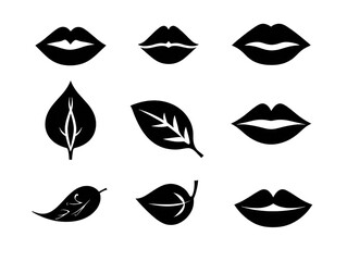 Fototapeta premium Dark graphic design featuring repeating lips and leaves