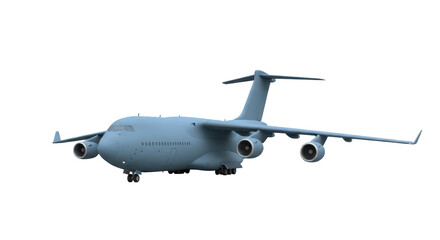 Isolated military transport aircraft, cargo plane ideal for high load operations, blue gray color