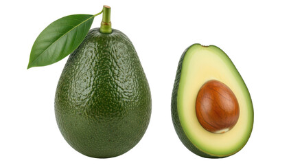 Isolated ripe avocados with leaf, one whole and one halved to show pit, tasty food