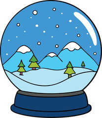 Snow globe with winter landscape and falling snow mountains