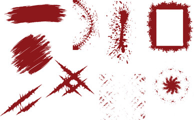 paint flowing down on transparent background. Halloween, murder and horror concept. Red ink splash, splatter and stain, Blood spatters realistic bloodstain patterns set
